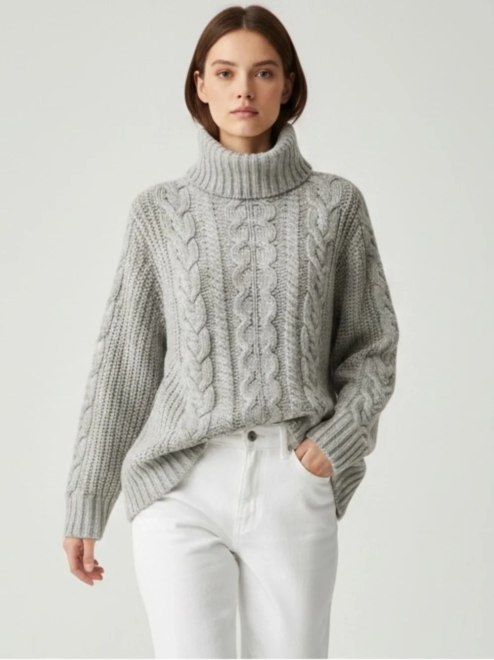GAP Light Gray Cable Knit Turtleneck Sweater Size Medium - Picture 2 of 16